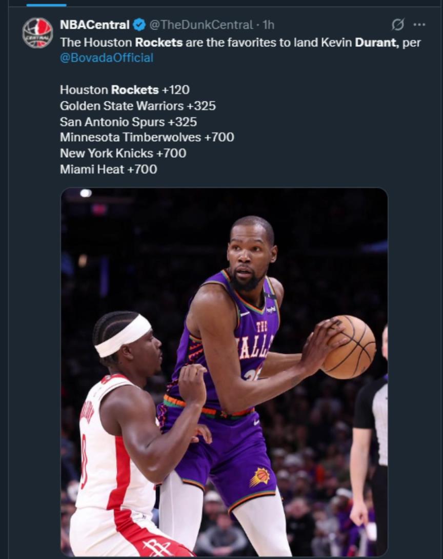 難道說(shuō)？美媒曬杜蘭特下家賠率，火箭大幅度領(lǐng)跑！